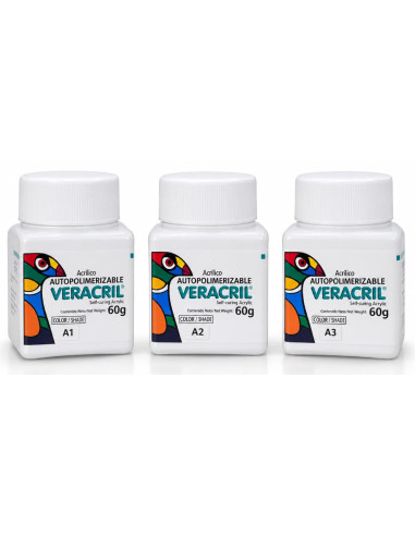 Frascos de acrílico autopolimerizable Veracril New Stetic de 60 g en colores A1, A2 y A3 | RecorDental